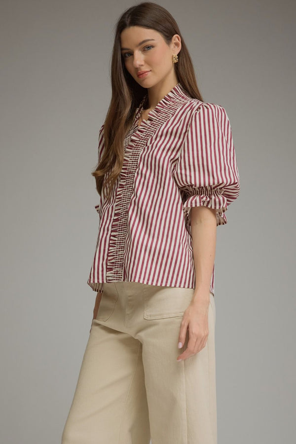 Stripe ¾ Puff Sleeve Top- Plum