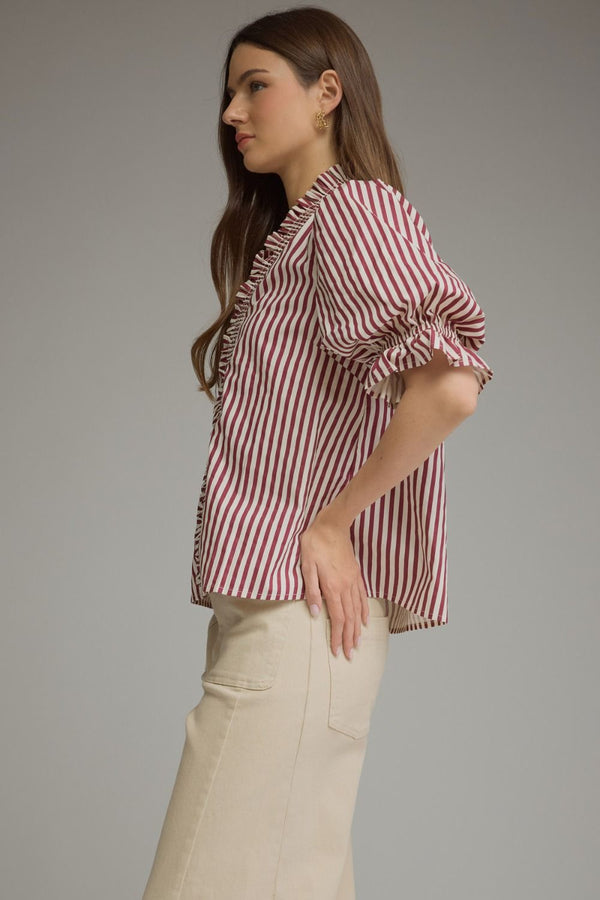 Stripe ¾ Puff Sleeve Top- Plum