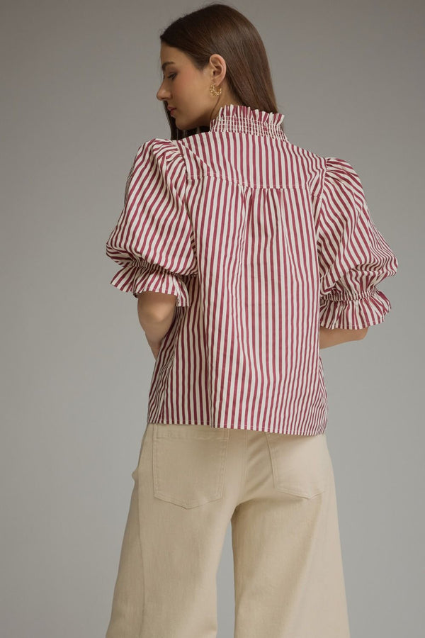 Stripe ¾ Puff Sleeve Top- Plum