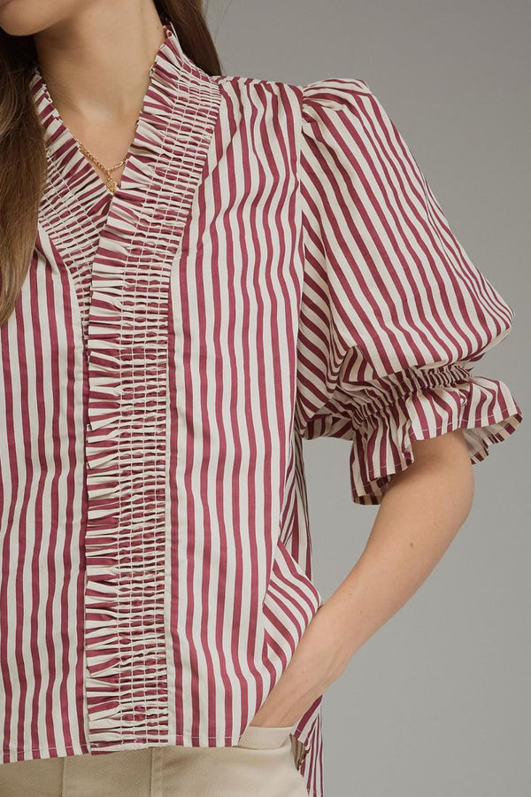 Stripe ¾ Puff Sleeve Top- Plum