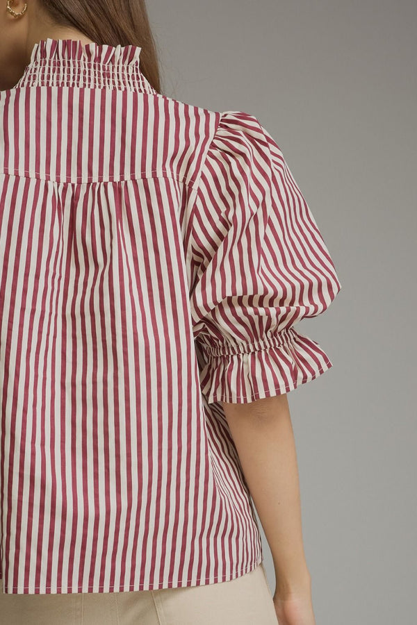 Stripe ¾ Puff Sleeve Top- Plum