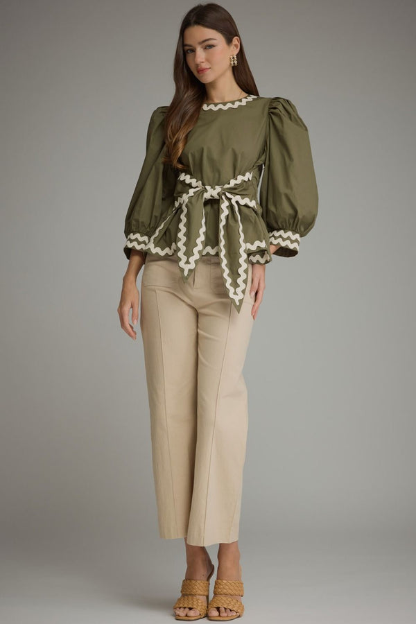 Solid ¾ Puff Sleeve Top- Olive