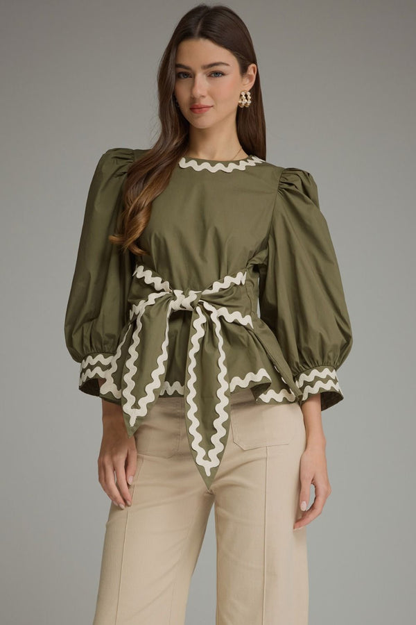 Solid ¾ Puff Sleeve Top- Olive