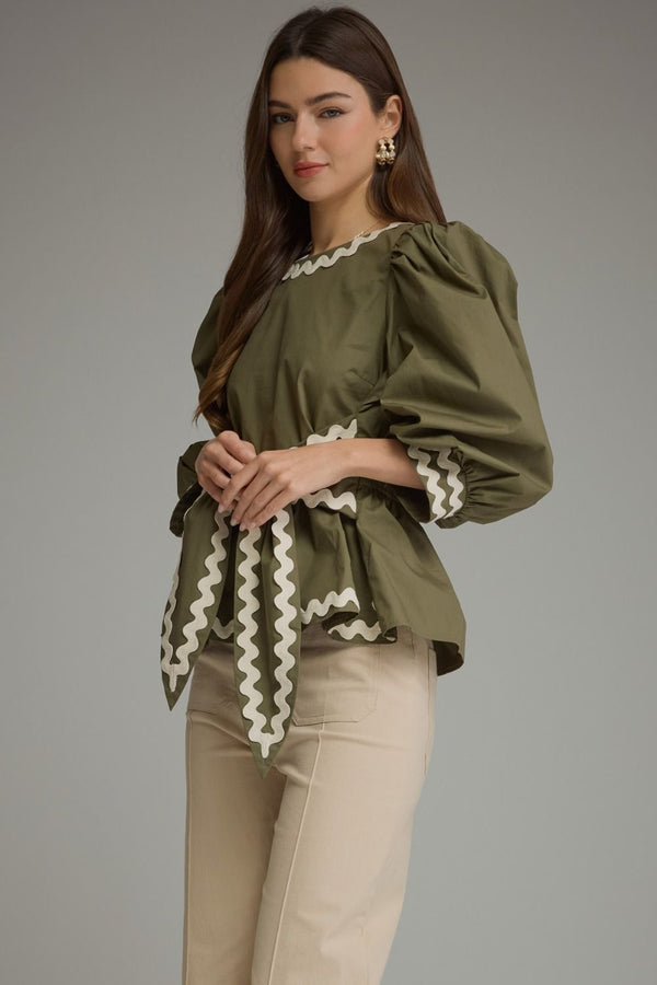 Solid ¾ Puff Sleeve Top- Olive