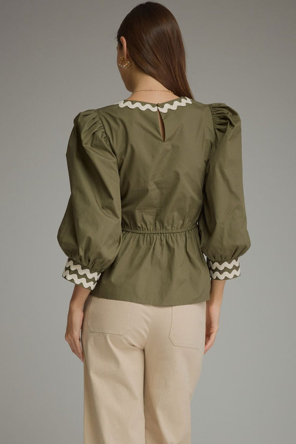 Solid ¾ Puff Sleeve Top- Olive