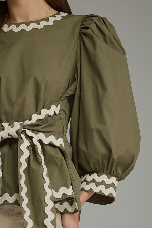 Solid ¾ Puff Sleeve Top- Olive