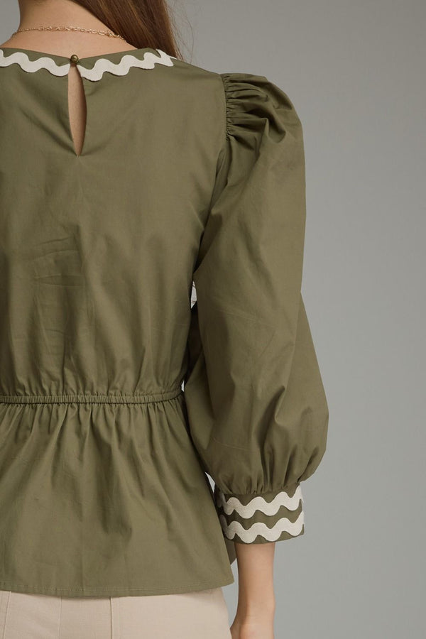 Solid ¾ Puff Sleeve Top- Olive