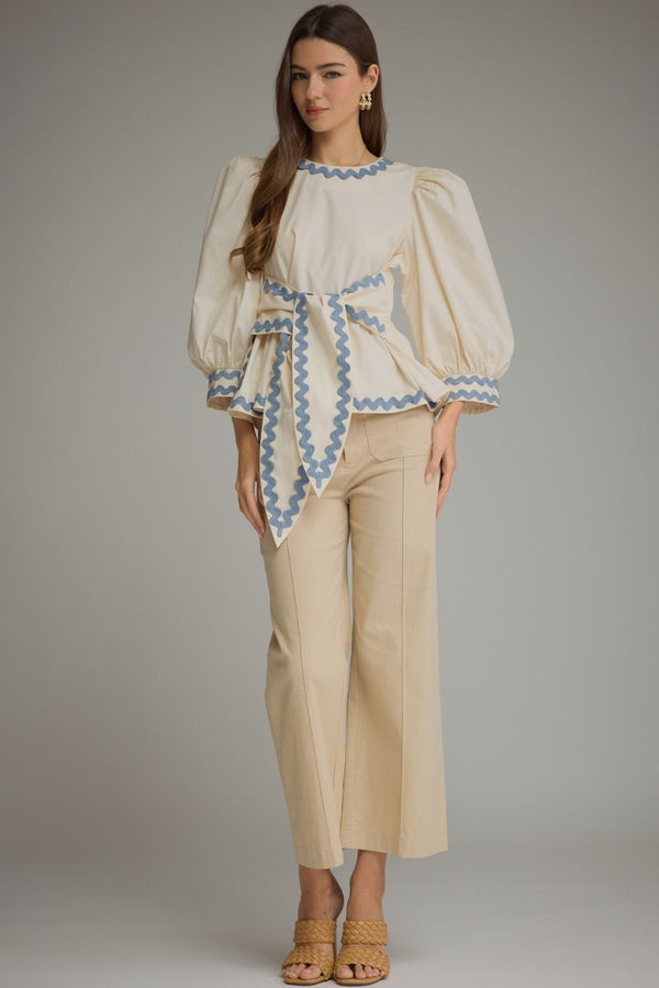 Solid ¾ Puff Sleeve Top- Ecru