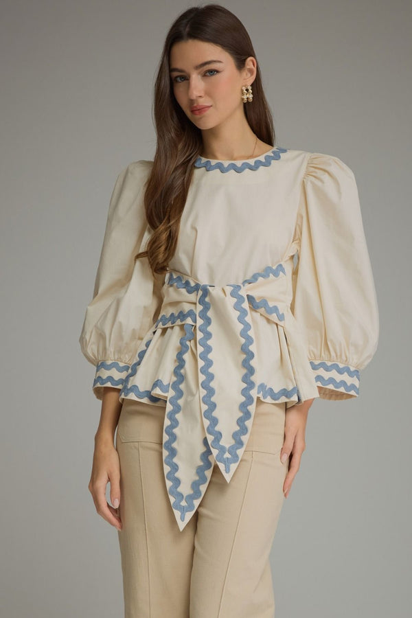 Solid ¾ Puff Sleeve Top- Ecru