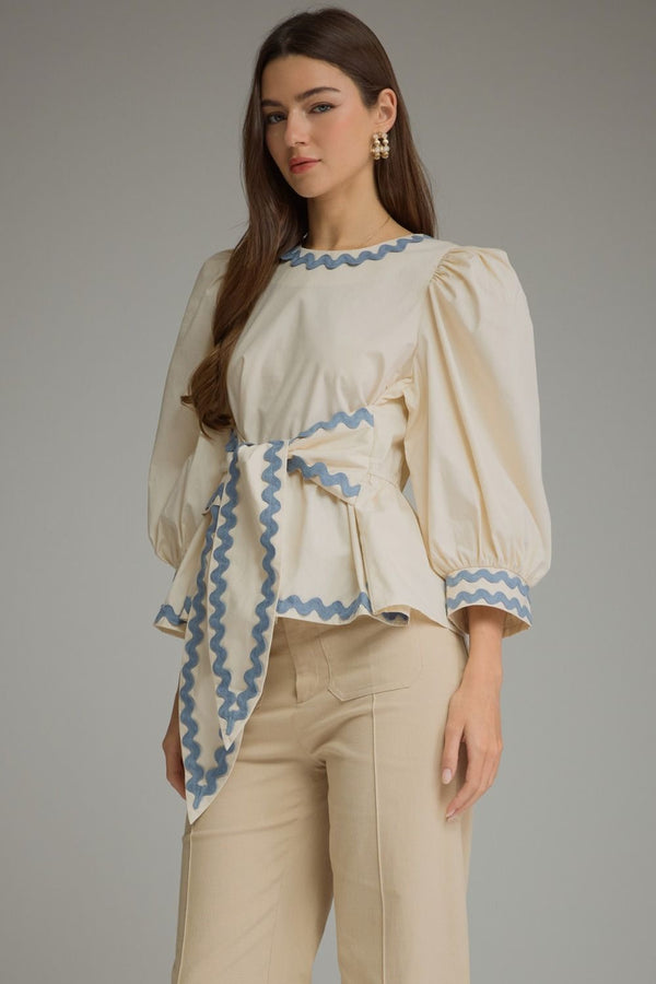 Solid ¾ Puff Sleeve Top- Ecru