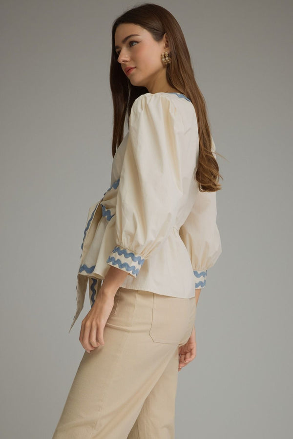 Solid ¾ Puff Sleeve Top- Ecru