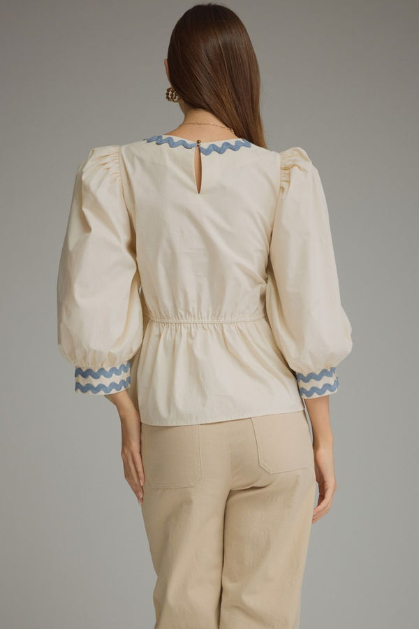 Solid ¾ Puff Sleeve Top- Ecru