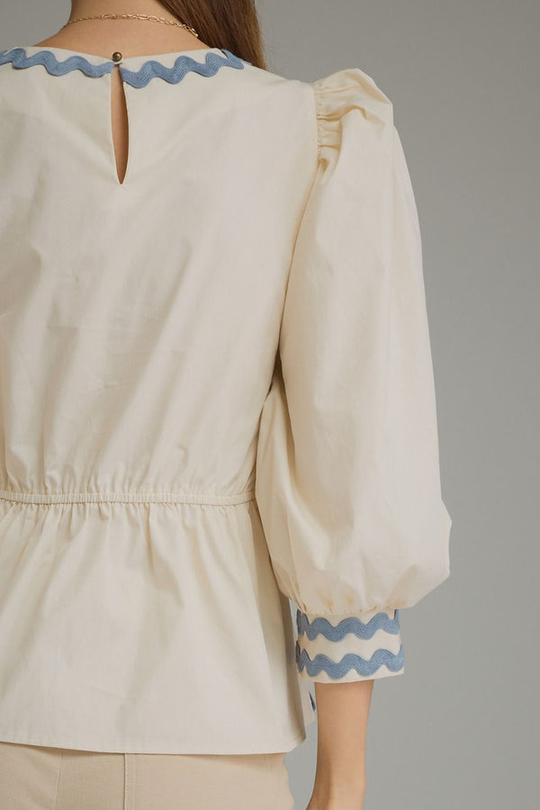 Solid ¾ Puff Sleeve Top- Ecru