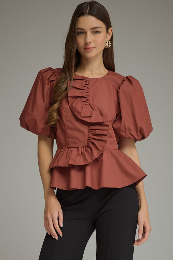 Solid Puff Sleeve Top- Cognac