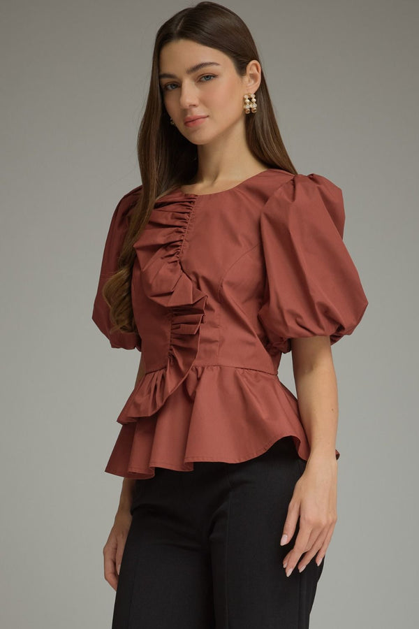 Solid Puff Sleeve Top- Cognac