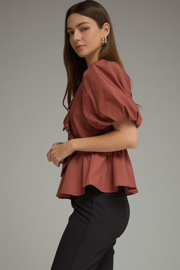 Solid Puff Sleeve Top- Cognac