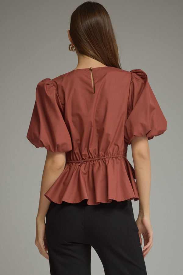 Solid Puff Sleeve Top- Cognac