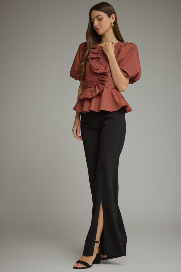 Solid Puff Sleeve Top- Cognac