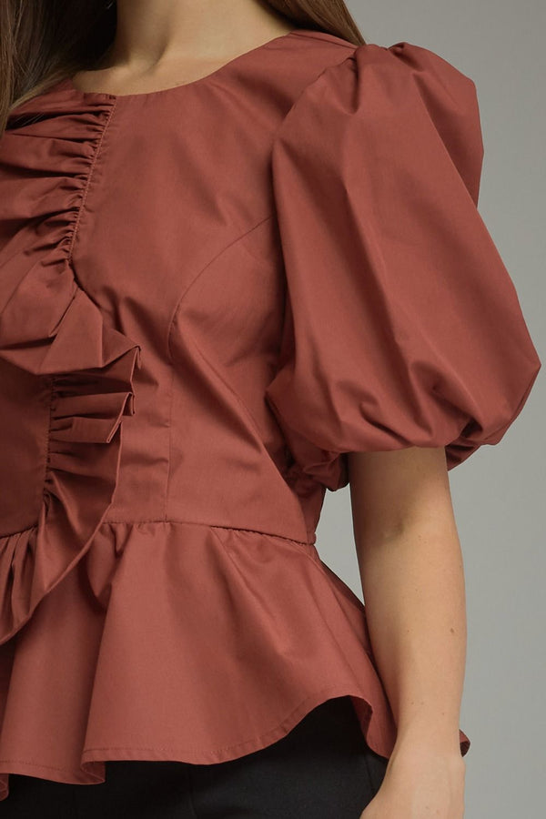Solid Puff Sleeve Top- Cognac