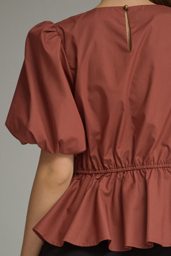 Solid Puff Sleeve Top- Cognac