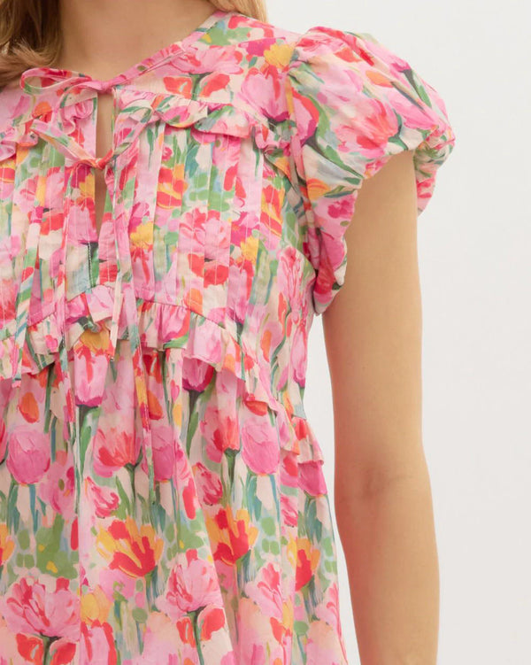 Floral Print Puff Sleeve Top - Red