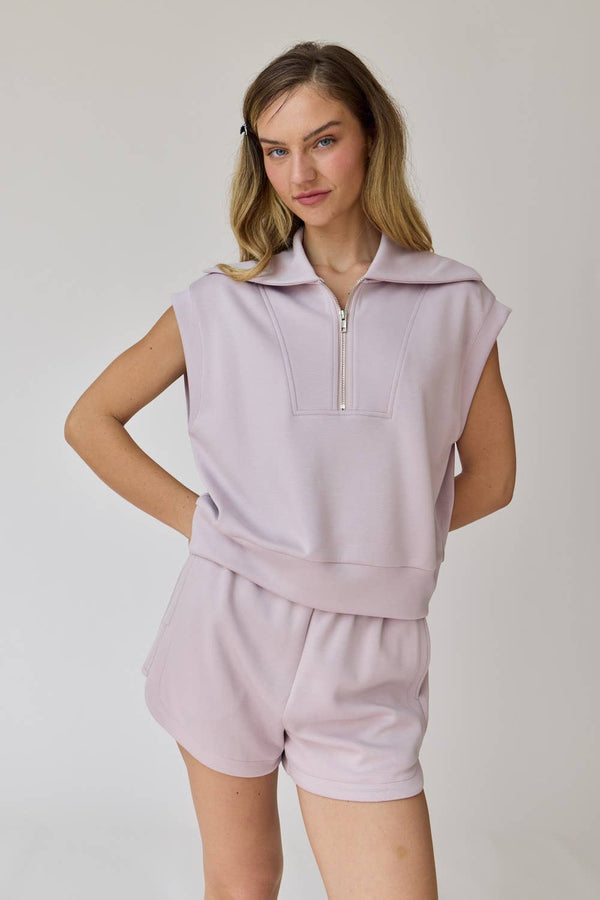Half Zip Cropped Shorts Set- Lilac