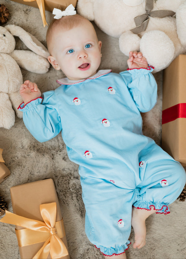 Santa Face Louisa Romper- Lt. Blue Corduroy