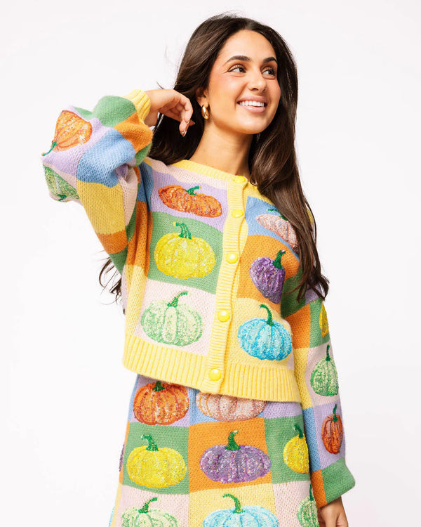 Pastel Colorblock Pumpkin Button Up Cardigan- (Women's)