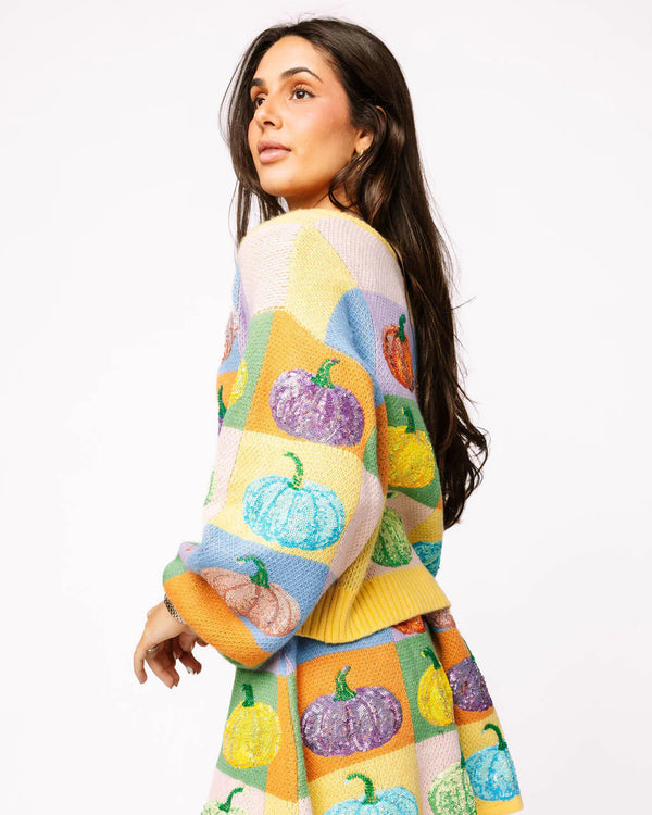 Pastel Colorblock Pumpkin Button Up Cardigan- (Women's)
