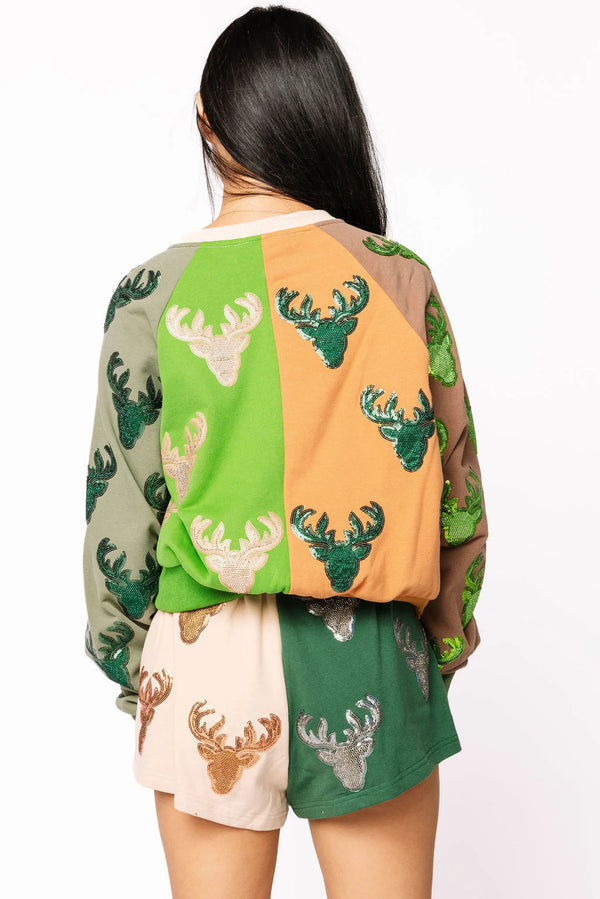 Colorblock Deer Head Sweatshirt- (Women's)