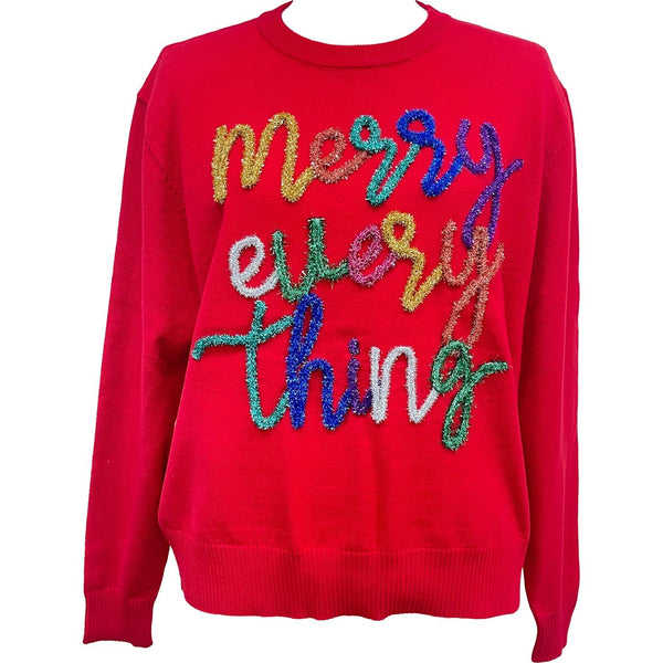 Red Merry Everything Glitter Script Sweater- Women's