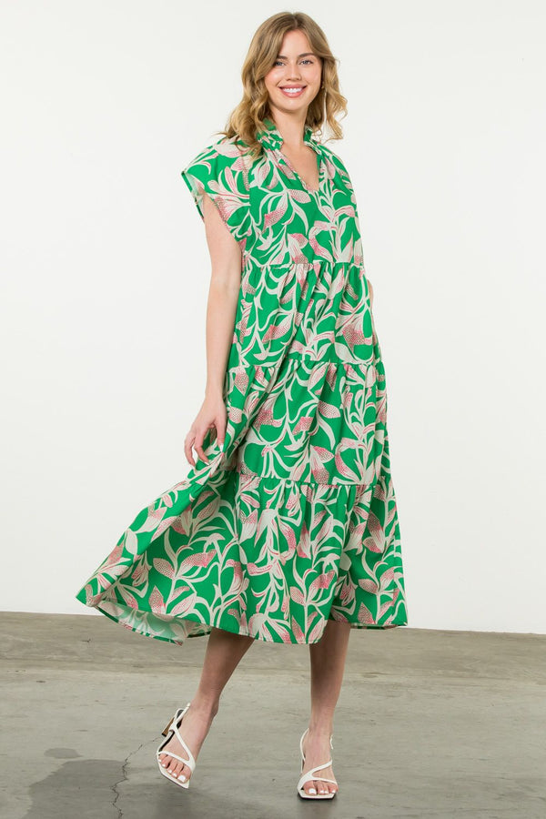 Short Sleeve Printed Dress- Green