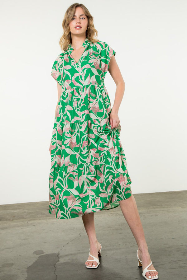 Short Sleeve Printed Dress- Green