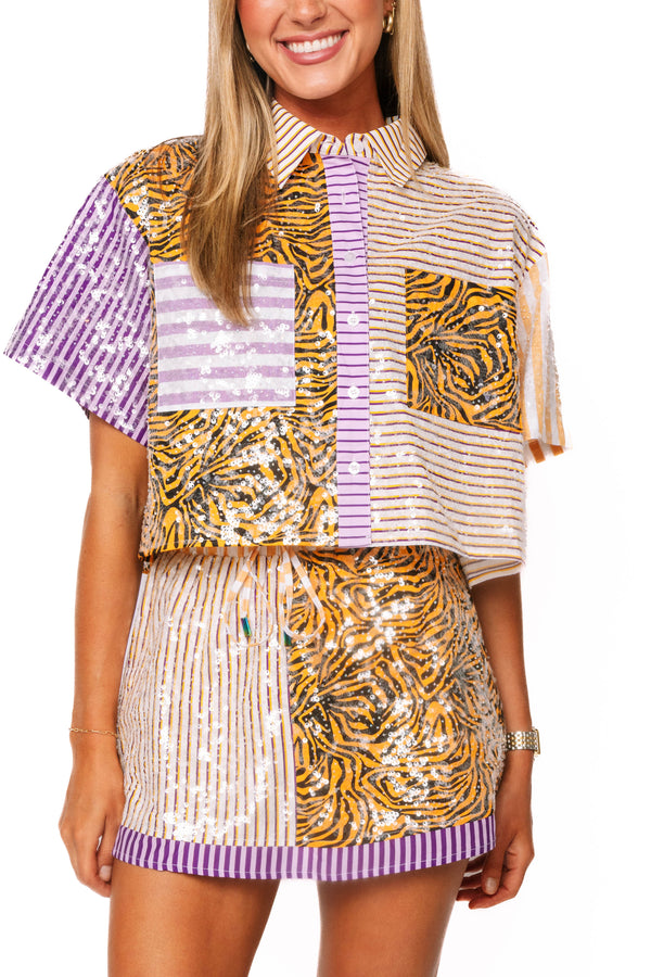 Purple, Yelow & Tiger Colorblock Sequin Button Up Pocket Top- (Women's)