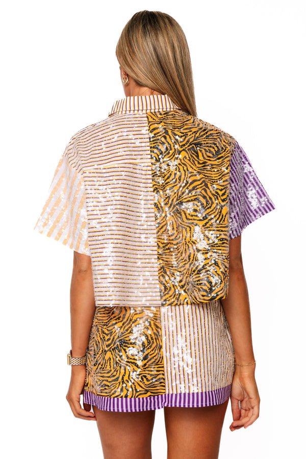 Purple, Yelow & Tiger Colorblock Sequin Button Up Pocket Top- (Women's)