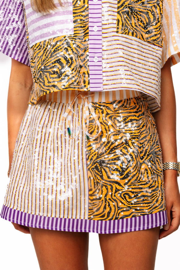 Purple, Yelow & Tiger Colorblock Sequin Skirt- (Women's)