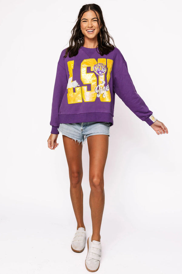 Licensed LSU Metallic Word W/ Icons Sweatshirt- (Women's)