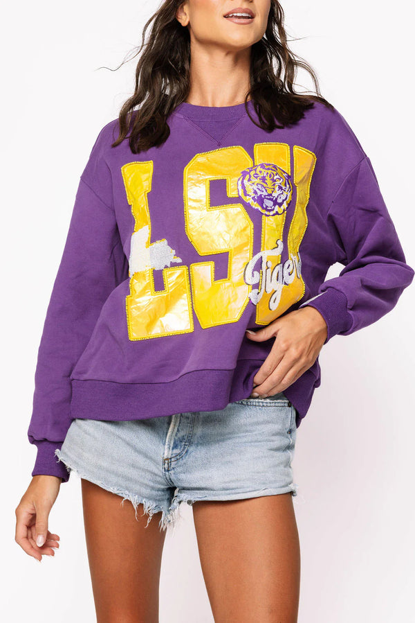 Licensed LSU Metallic Word W/ Icons Sweatshirt- (Women's)