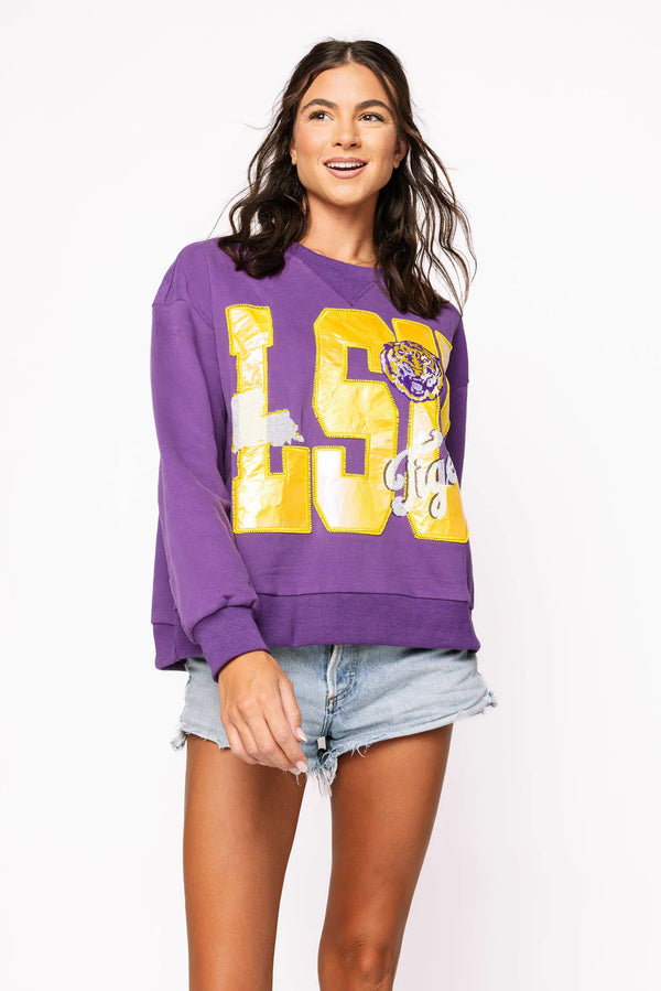 Licensed LSU Metallic Word W/ Icons Sweatshirt- (Women's)