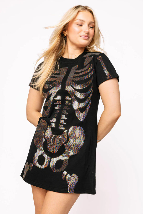 Black Multi Skeleton Body Tee Dress- (Women's)
