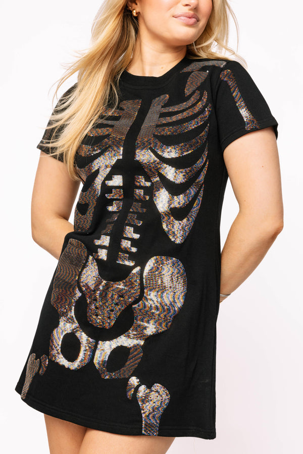 Black Multi Skeleton Body Tee Dress- (Women's)