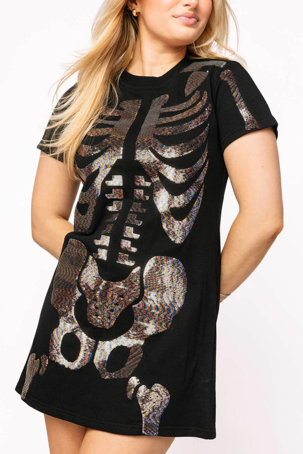 Black Multi Skeleton Body Tee Dress- (Women's)