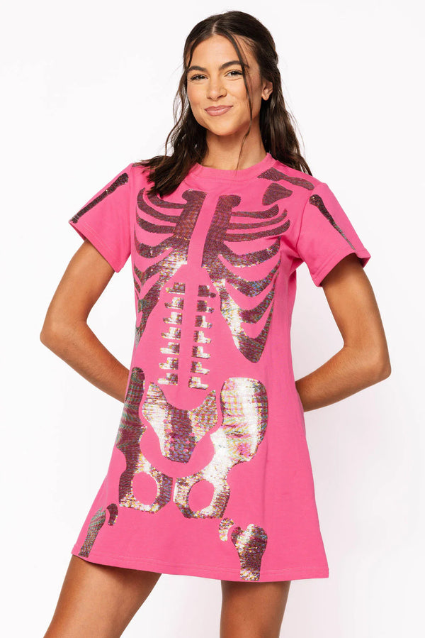 Hot Pink Multi Skeleton Body Tee Dress- (Women's)