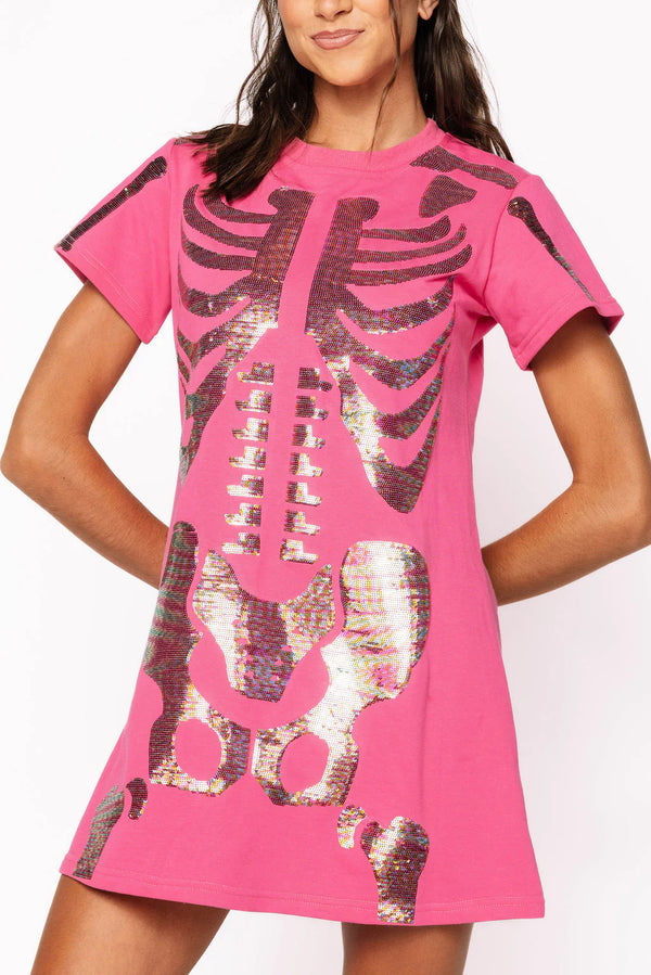 Hot Pink Multi Skeleton Body Tee Dress- (Women's)