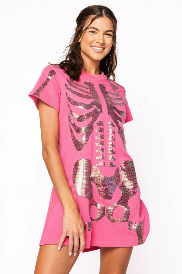 Hot Pink Multi Skeleton Body Tee Dress- (Women's)
