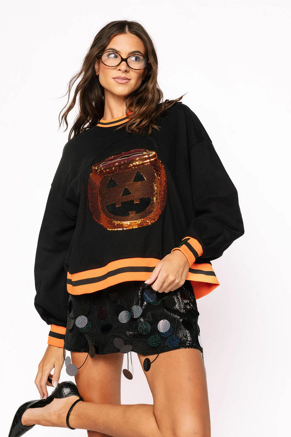 Black Halloween Pumpkin Candy Bucket Sweatshirt- (Women's)