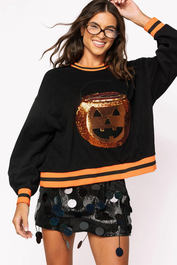 Black Halloween Pumpkin Candy Bucket Sweatshirt- (Women's)