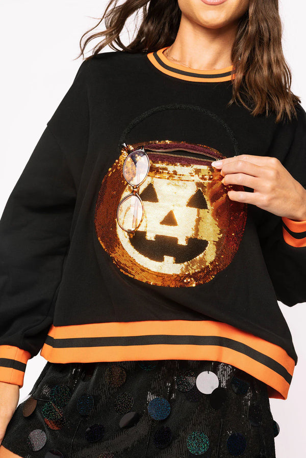 Black Halloween Pumpkin Candy Bucket Sweatshirt- (Women's)