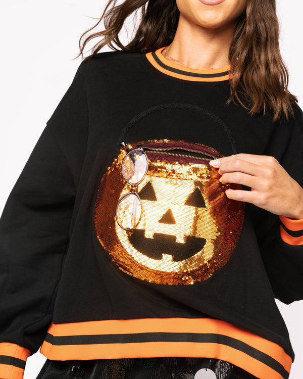 Black Halloween Pumpkin Candy Bucket Sweatshirt- (Women's)