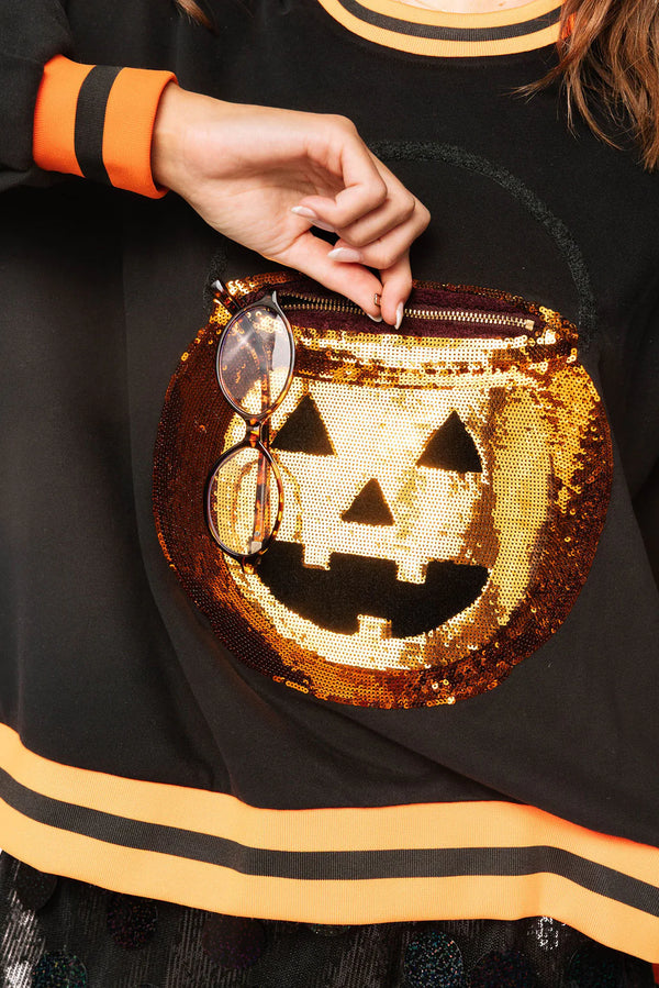 Black Halloween Pumpkin Candy Bucket Sweatshirt- (Women's)